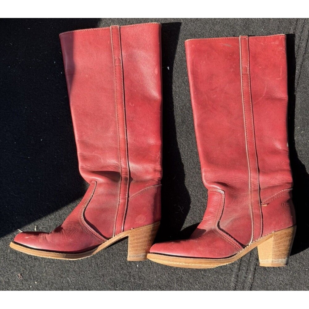 Vintage Dexter Campus Red Leather Boots Tall Riding Stacked Heel Women’s Sz 8.5
